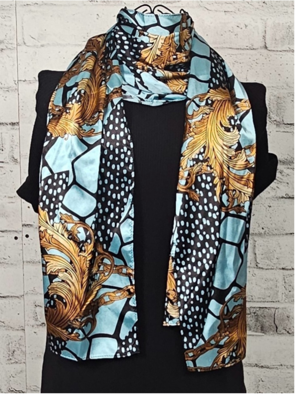 Blue Gold Baroque Chain Print Scarf Wrap Designer Inspired Statement Shawl